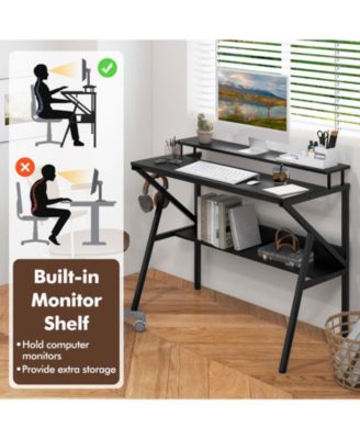 Space Saving Computer Desk with Monitor Stand and Extra Storage Shelf for Work Study-Black