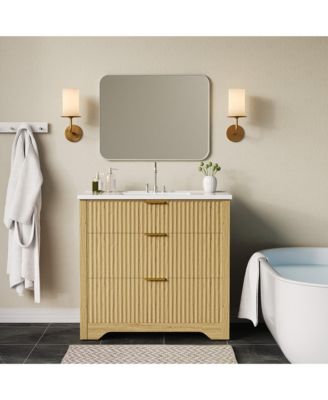 Fluted Bathroom Vanity with Sink, Farmhouse Freestanding Cabinet with 2 Drawers and Flip-Down Drawer, Easy Assembly