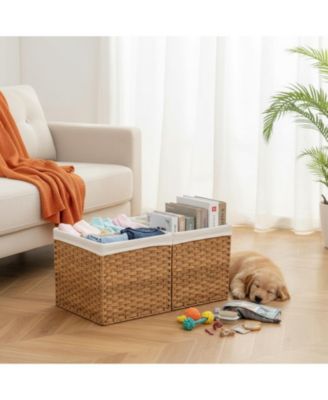 Storage Basket With Lid Woven Wicker 2 Bins 92 Gallon Foldable Removable Liners For Bedroom Laundry Room