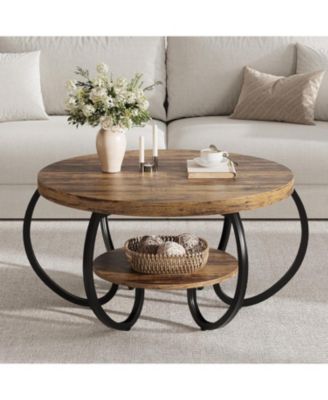 30" Round Farmhouse 2-Tier Wood Coffee Table with Storage Shelf and Curved Metal Legs.