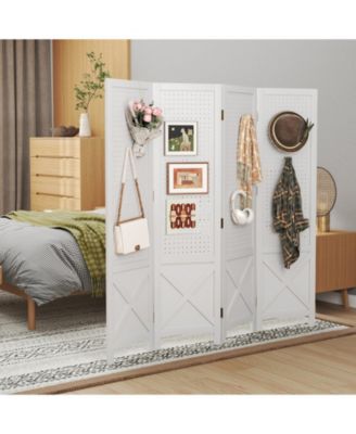 Pegboard Display Stand 4 Panel Folding Room Divider with Wooden Frame