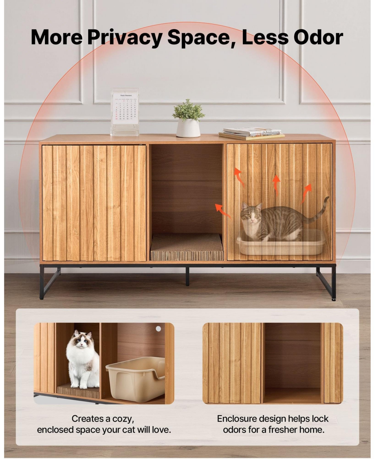 Inolait Hidden Cat Litter Box Enclosure Cabinet Furniture with Scratch Pad and Storage