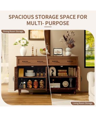 Vintage Sideboard Buffet Cabinet, Entryway 4 Doors Storage Cabinet with Hand-Carved Hollow Doors, 2 Drawers and Metal Handles for Living Room