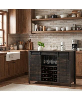 Farmhouse Bar Cabinet with Barn Doors, Wine Storage with Drawer and Open Shelves, Burnt Wood Finish, Home Bar