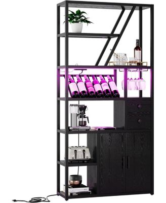 Wine Bar Cabinet with LED, Wine Rack, Glass Holder, Power Outlets, Bakers Rack for Kitchen, Dining or Living Room