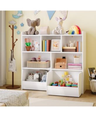 Kids Toy Storage Organizer Bookshelf, 5 Open Cubbies, Movable Drawers, Hidden Wheels, Multi-Purpose Floor Cabinet