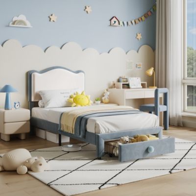 Versatile Scallop Headboard Twin Bed Frame - Upholstered Platform with Storage Drawer - Sturdy Wooden Slats - Noise-Free - Easy Assembly