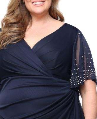 Plus Size Embellished-Sleeve Draped Chiffon Gown