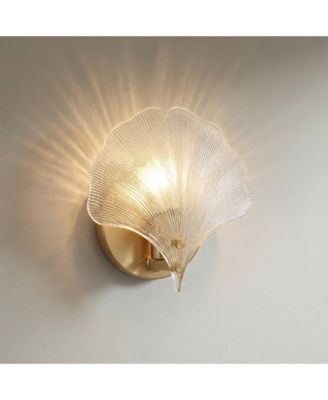 Deniz 7 3/4"H Satin Brass and Vintage Glass Ginkgo Leaf Wall Sconce