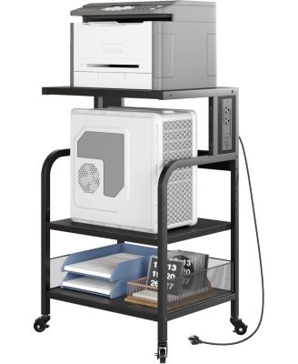 Printer Stand with USB Power Ports, 3-Tier Rolling Cart, Adjustable Shelf, Heavy Duty Multifunction Table for Office or Kitchen