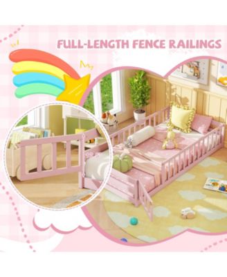 Twin Size Kids Montessori Floor Bed with Door and Protective Fence