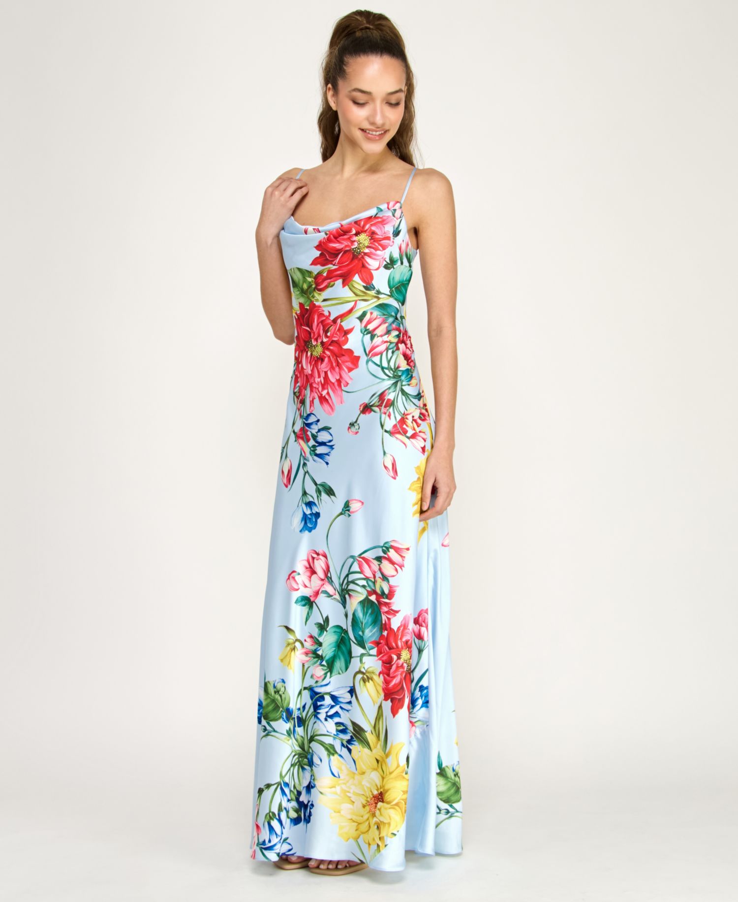 Juniors' Cowl Neck Printed Spaghetti Straps Satin Gown