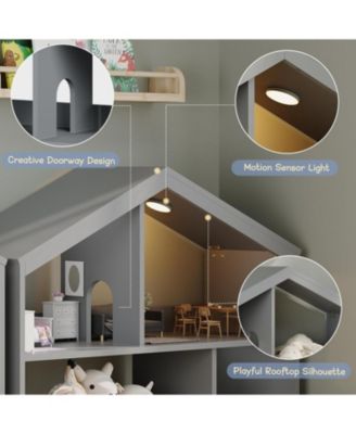 Kids Bookshelf and Toy Storage, Wooden Bookcase with Motion Sensor Light, Dollhouse Bookcase for Playroom, Bedroom, Nursery