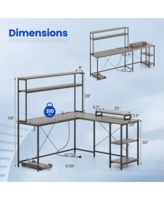 L-Shaped Reversible Gaming Desk with LED Lights, Power Outlets, Monitor Stand and Hutch