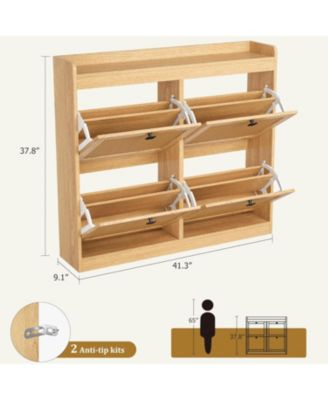 2-Pack Shoe Cabinet with 4 Deep Flip Drawers, Freestanding Wood Shoe Organizer with 3-Tier Adjustable Rattan Shelves