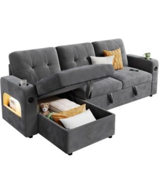 84 in Sleeper Sofa Couch, L-Shaped Sofa, Convertible Pull Out Sofa Bed with Storage, Charging Station, Led Lights
