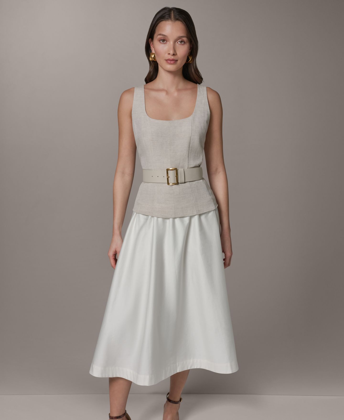 Женское платье Donna Karan New York Mix Media Scoop Neck Midi, цвет: Натуральный кремовый — фото 1