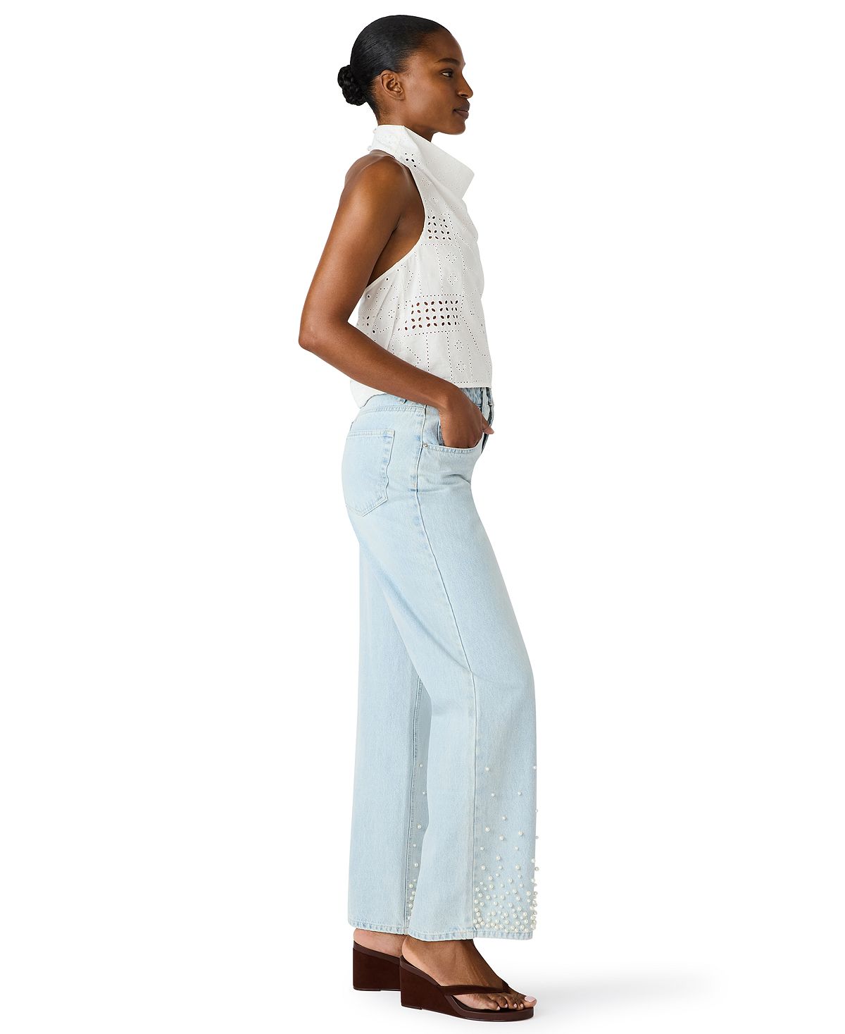 Steve Madden Women's Sydnee Straight-Fit Pearl Embellished Jeans view 3 — MAYCSS fashion products