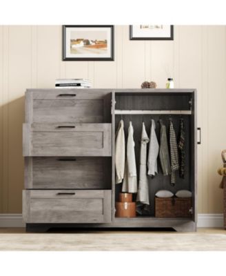 43.3'' H Armoire Wardrobe Closet with 4 Drawers and 2 Doors, Hanging Rod, Multifunctional Wooden Dresser with Storage Closet