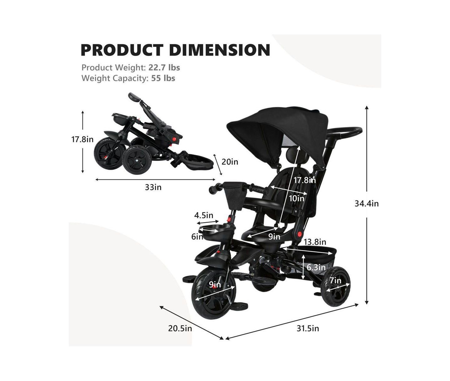 Детская игрушка Kinder King 8-in-1 Kids Tricycle with Adjustable Push Handle, Canopy and Storage, цвет: Чёрный — фото 5