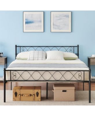 Queen Metal Platform Bed for Kids, Romantic Iron-Art Heart-Shaped Headboard and Footboard, Under-Bed Storage