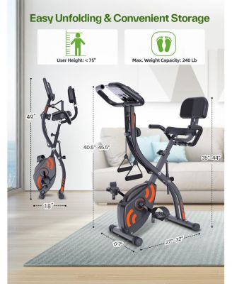 Foldable Stationary Bike 4 in 1 Indoor Cycling with 16 Level Magnetic Resistance Arm Band PVC Floor Mat for Home Gym Workout