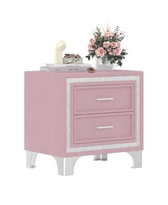 Mid Century Vintage Nightstand with 2 Drawers, Silver Glitter Strip and Metal Legs