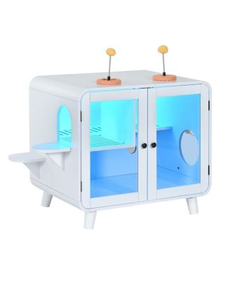 Cat Pet House with RGB LED Light, Glass Doors, Stairs, Hidden Litter Box Cabinet