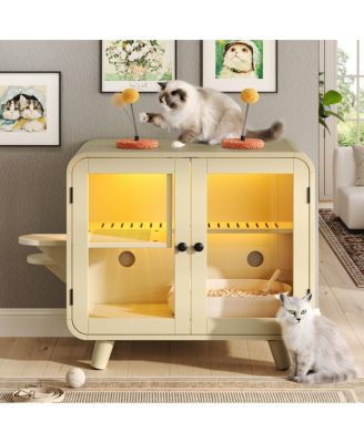 Cat Pet House with RGB LED Light, Glass Doors, Stairs, Hidden Litter Box Cabinet
