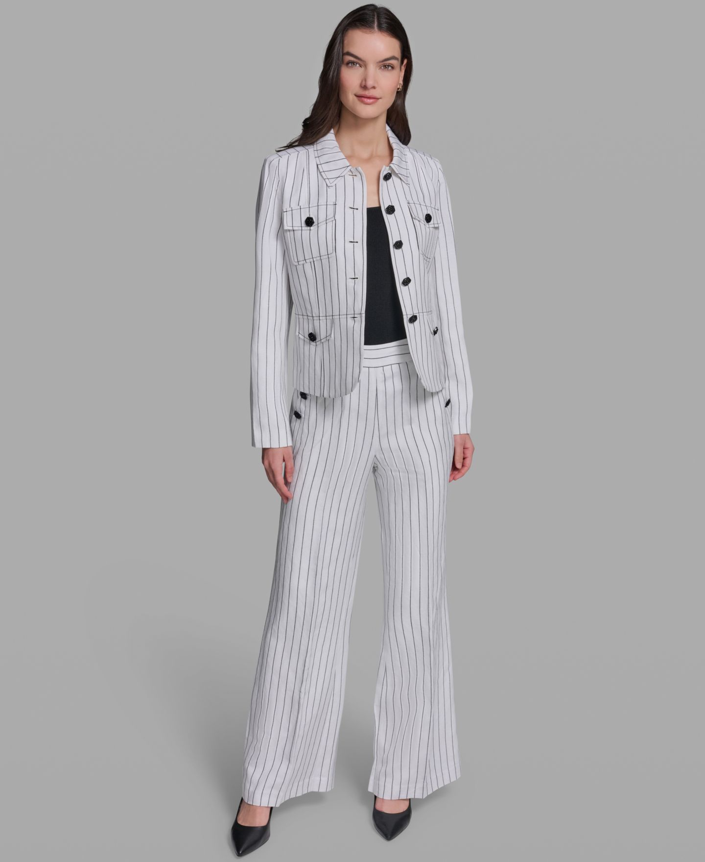 Женская куртка KARL LAGERFELD PARIS Linen-Blend Striped Collared, цвет: Белый / Чёрный — фото 2