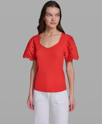 Women's Eyelet Mix Media V-Neck Top
