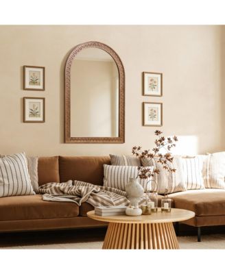 39.4'' Arched Wall Mirror with Carved Rubberwood Frame, Modern Farmhouse Accent