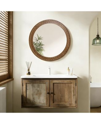 25.8'' Round Wall Mirror, Carved Rubberwood Frame, Living Room Wall Accent