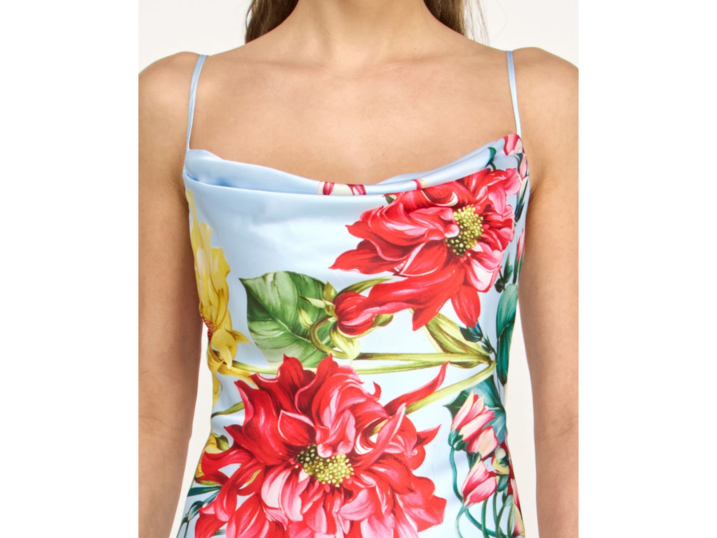 Женские платья B Darlin Juniors' Cowl Neck Printed Spaghetti Straps Satin Gown, цвет: Синий / Разноцветный — фото 3