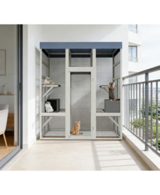 62.6" Outdoor Wooden Cat Enclosure with Waterproof Roof, Rust-Proof Wire, Lockable Access, Spacious Catio