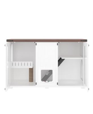  47.25" LED Light Litter Box Enclosure with Hidden Cat Furniture Cabinet, Stairway Scratching Post and Smart Doors