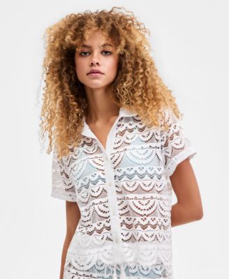 Women's Crochet Swim Cover-Up Camp Shirt