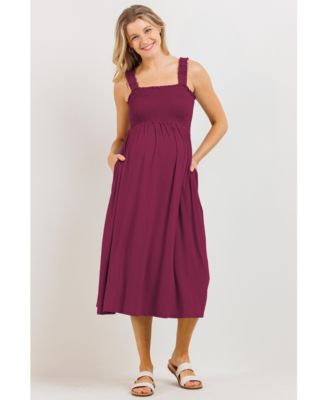 Maternity Smocked Bodice Sleeveless Dress with Ruffle Straps