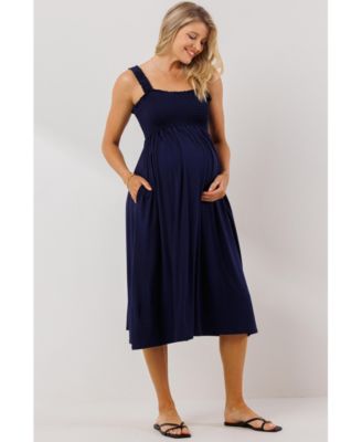Maternity Smocked Bodice Sleeveless Dress with Ruffle Straps