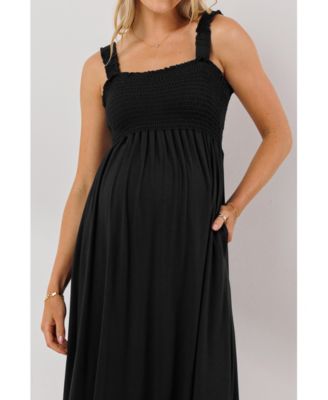 Maternity Smocked Bodice Sleeveless Dress with Ruffle Straps