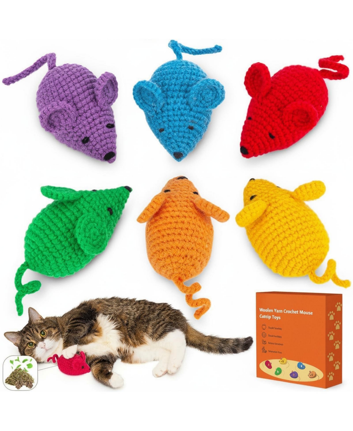 Aronkl Crochet Mouse Cat Toys Silvervine Blend Hand Knitted Durable Interactive Play Dental Care Kittens Indoor - Orange