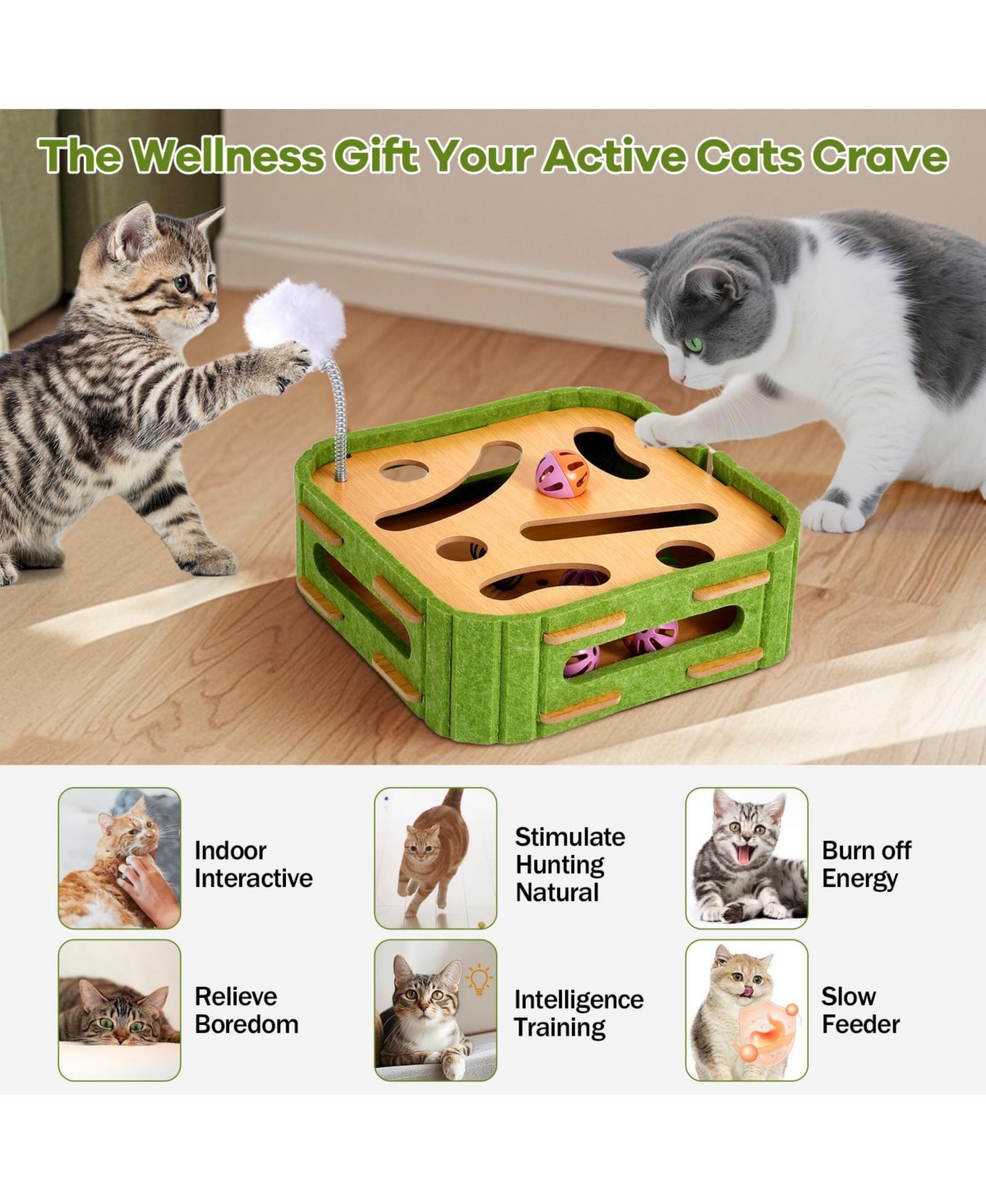 Aronkl Interactive Cat Puzzle Feeder Wooden Toy Set with Jingle Balls Wands Spiral Springs for Indoor Cats