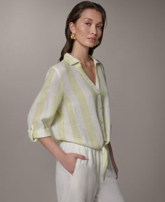 Women's Linen Button-Front Tie Blouse