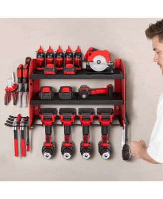 Wall-Mount Power Tool Organizer, 3-Tier Storage Rack with 4 Drill Holders, Side Pegboards, Garage Tool Storage Rack