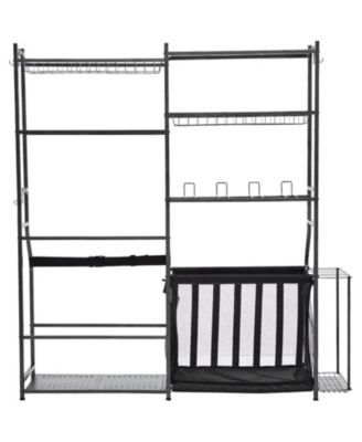 Golf Storage Organizer with 2 Golf Bag Holders, Baskets and Hooks, Steel Sports Equipment Storage Rack for Garage