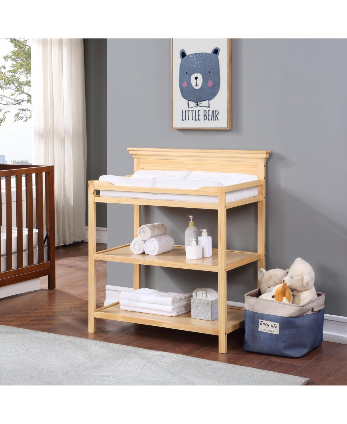Flynama Modern Changing Table Wood Finish with Two Shelves and 4 Side Safety Rails for Nursery