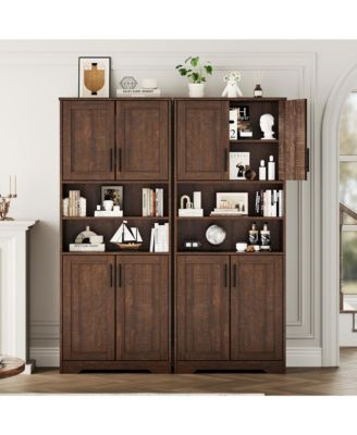 67" Tall Bathroom Cabinet, Freestanding Wooden Storage with 4 Doors, 2 Open Compartments, Adjustable Shelves, Microwave Stand