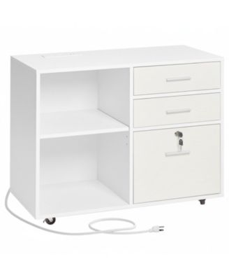 3 Drawer Wooden File Cabinet, Mobile Filing Cabinet with Light Strip, Lockable Rolling File Storage with Adjustable Shelves and 5 Wheels, Free