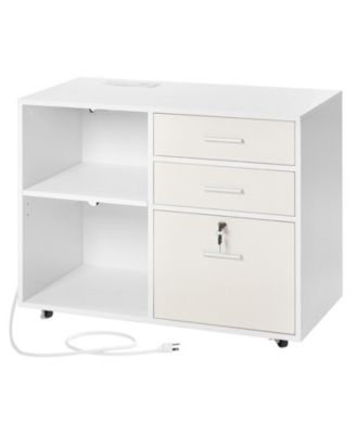 3 Drawer Wooden File Cabinet, Mobile Filing Cabinet with Light Strip, Lockable Rolling File Storage with Adjustable Shelves and 5 Wheels, Free