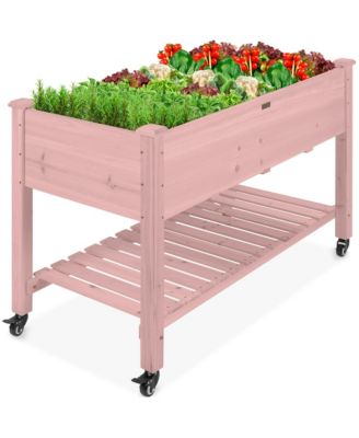 Raised Garden Bed 48" x 23" x 32" Wood Mobile Elevated Planter with Wheel Locks, Shelf and Liner
